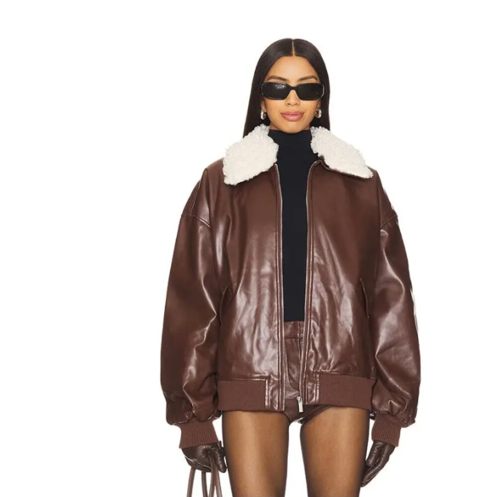 WeWoreWhat- brown Faux Sherpa Collar Bomber Jacket small